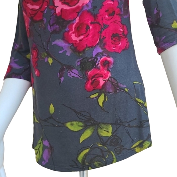 WESTON WEAR ANTHRO Cowl Neck Blouse S Top Shirt Watercolor Floral Gray Draped - Picture 8 of 13